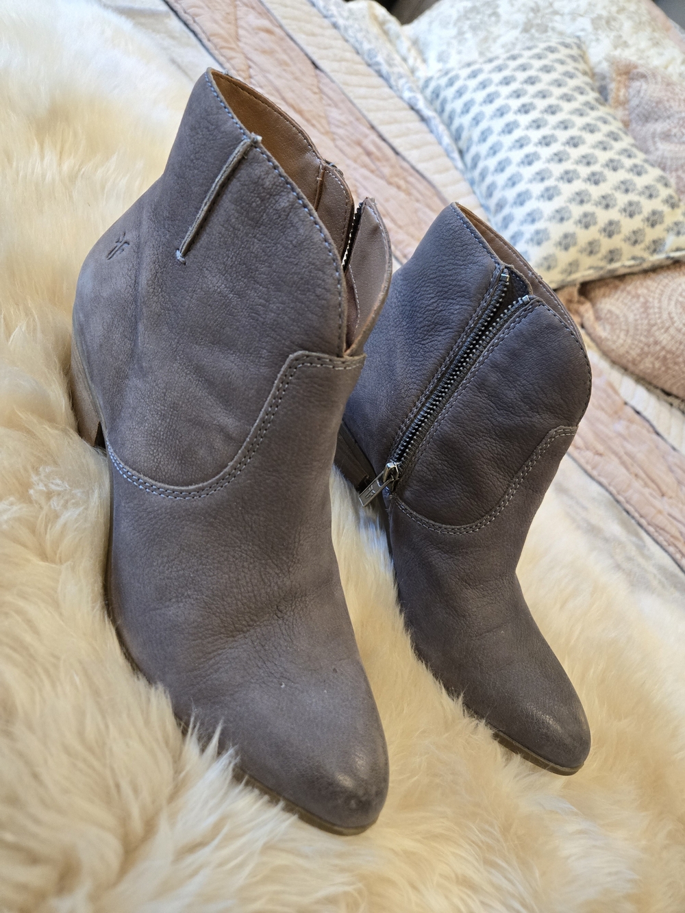 Frye Gray Suede Ankle Booties with Side Zip